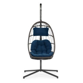 Outdoor patio Wicker Hanging Chair Swing Chair Patio Egg Chair UV Resistant Dark Blue cushion Aluminum frame