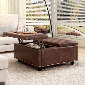 Large square storage stool with two storage doors, footstool for living room Mid-century modern coffee table with nailhead inlay, brown PU leathe