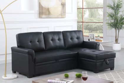 Lexi 83.5" Black Vegan Leather Modern Reversible Sleeper Sectional Sofa with Storage Chaise