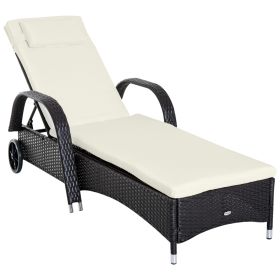 Outsunny Wicker Outdoor Chaise Lounge, 5-Level Adjustable Backrest PE Rattan Pool Lounge Chair with Wheels, Cushion & Headrest