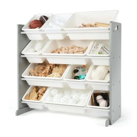 Children Wood and Plastic Organizing Rack with 12 Bins, Gray and White (Color: White)